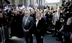 Jean-Marie et Marine Le Pen à la fête de célébration de Jeanne d'Arc à Paris, le 1er mai 2012