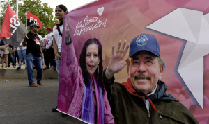 Une bannière des supporters du président du Nicaragua, Daniel Ortega, en mai 2024. 